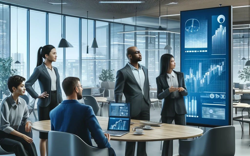 Dall·e 2024 04 26 15.57.50   a realistic illustration showcasing a dynamic team in a modern office, emphasizing a flexible and adaptive approach. the scene includes a group of fou