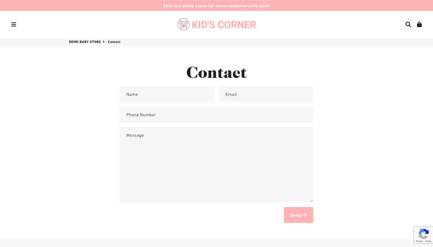 baby products niche pre-built store contact page