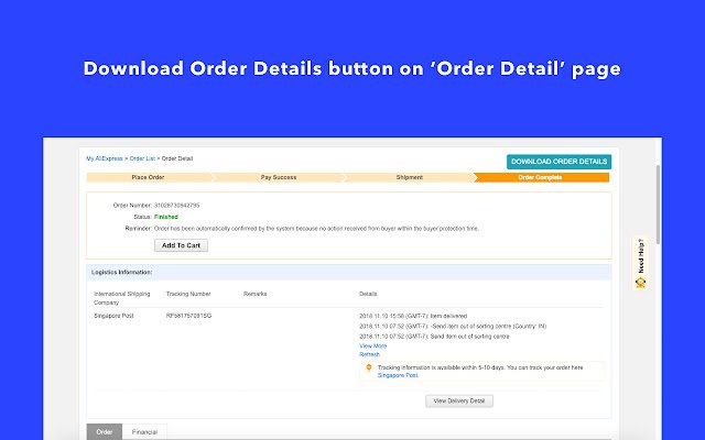 AliExpress orders page download invoice button  