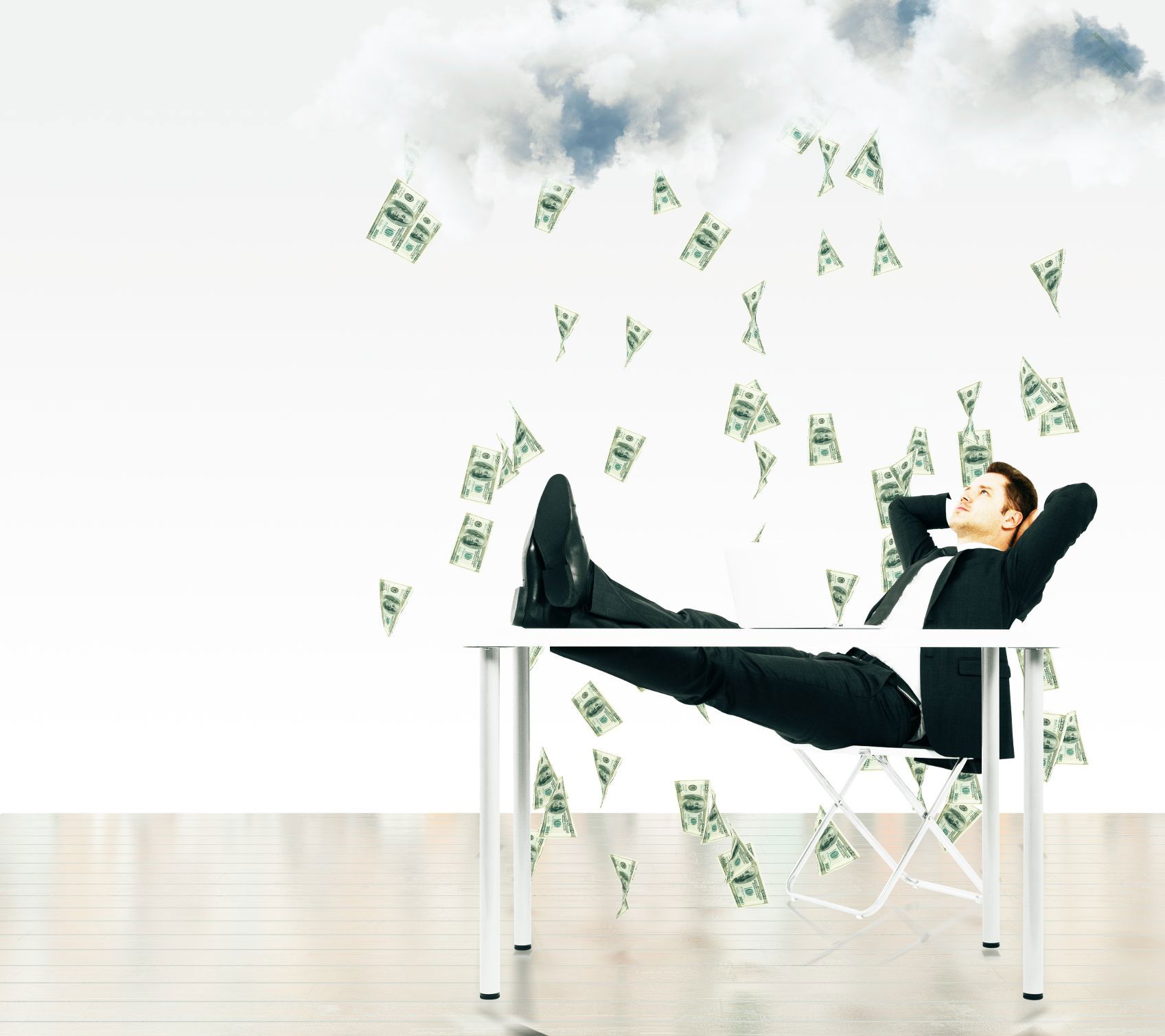 Money falling from sky concept with businessman sitting chair cloud with money