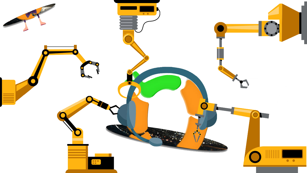 OBI Services logo with robotic arms and headset, illustrating advanced service features.