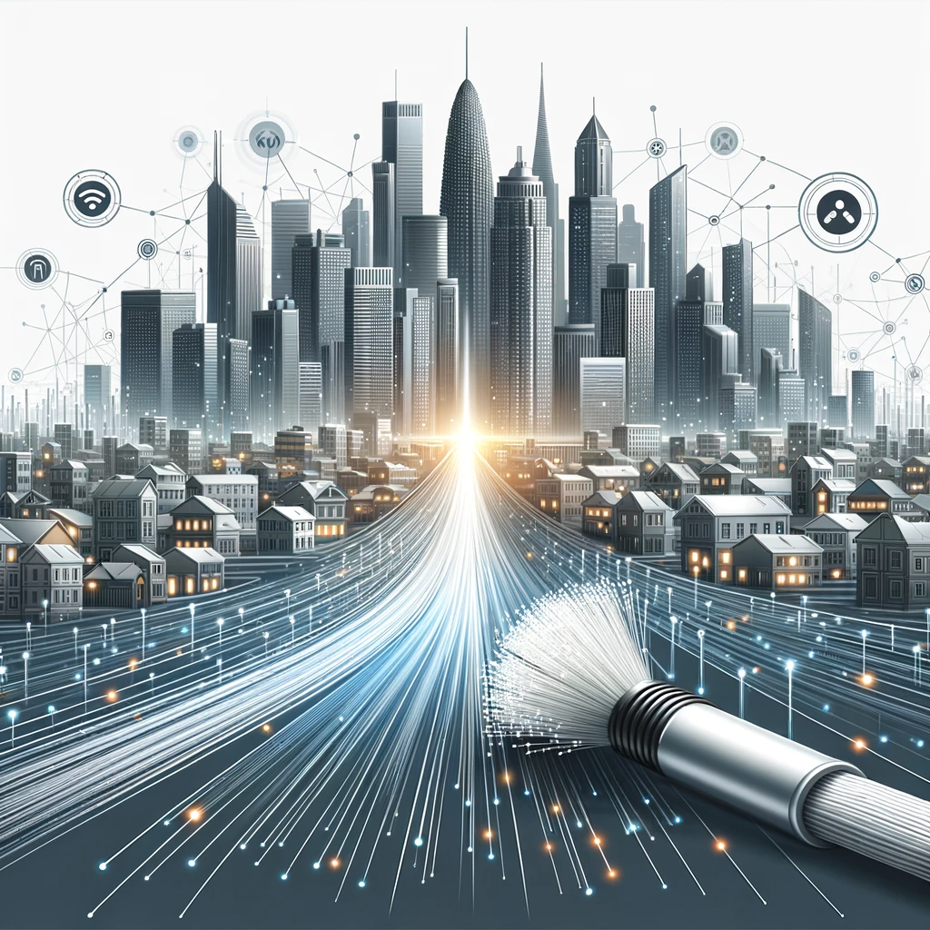 Dall·e 2023 11 04 16.44.40   an illustration of a fiber optic cable stretching towards a stylized city skyline. the city is depicted with a variety of modern buildings, including 