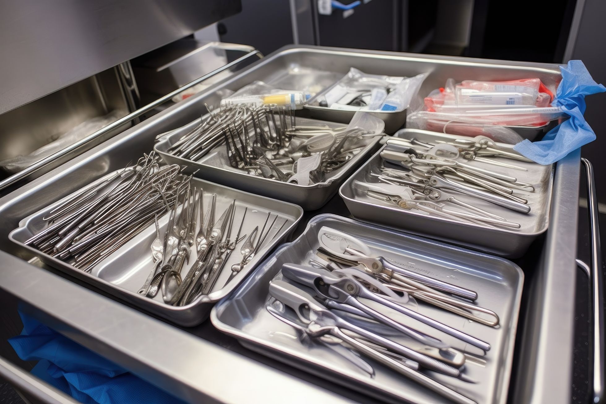 Tray surgical instruments being sterilized medical laboratory created with generative ai