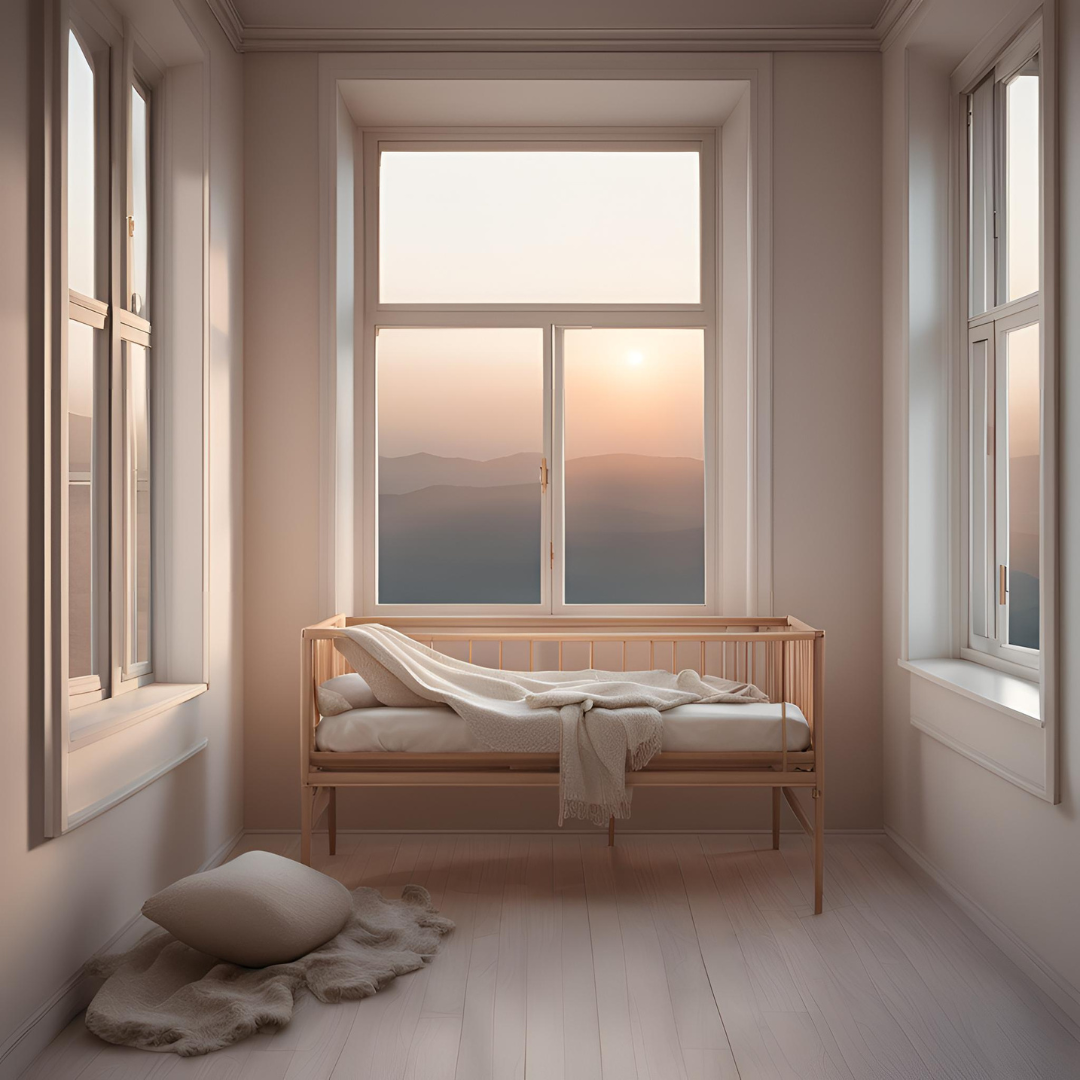 A calm, inviting scene of a new mother sitting in a cozy chair with a cup of tea, surrounded by soft, neutral tones. She is peacefully reflecting, with a window showing greenery in the background.