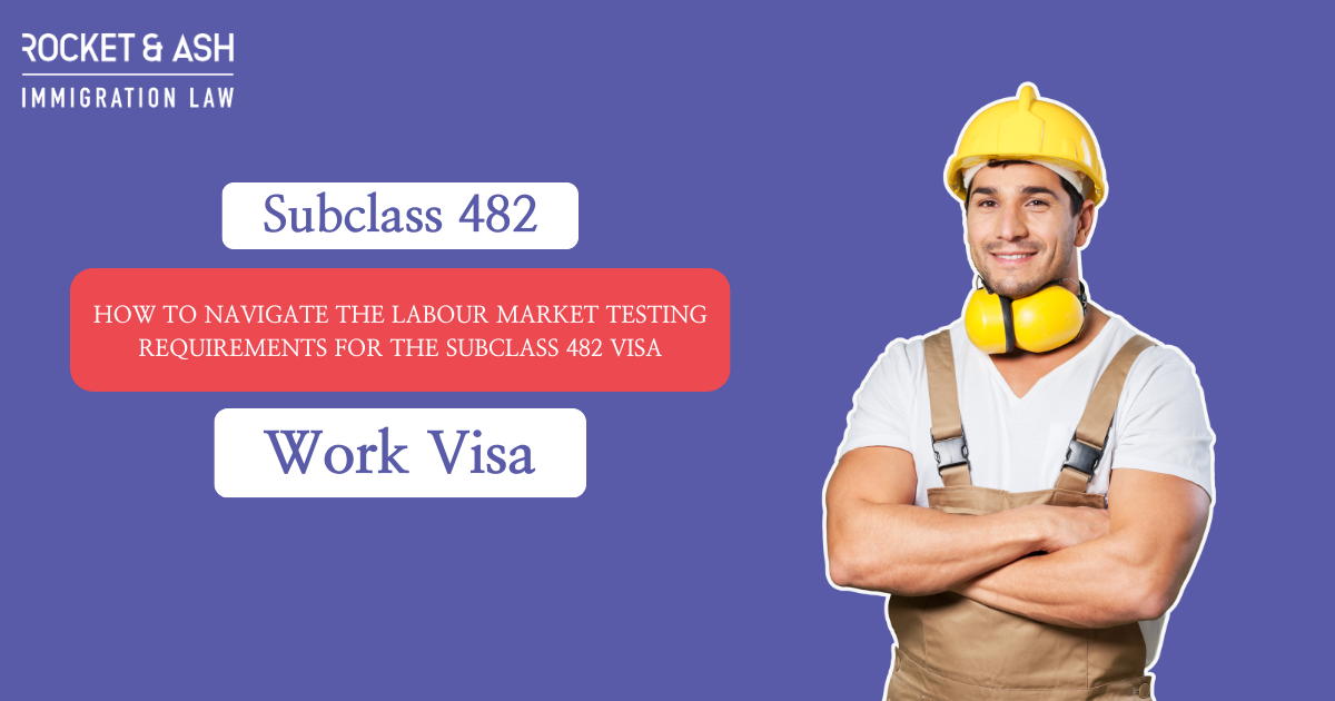 Promotional banner for Rocket & Ash Immigration Law featuring a smiling male construction worker with a yellow hard hat and ear protectors, promoting a blog post on navigating Labour Market Testing