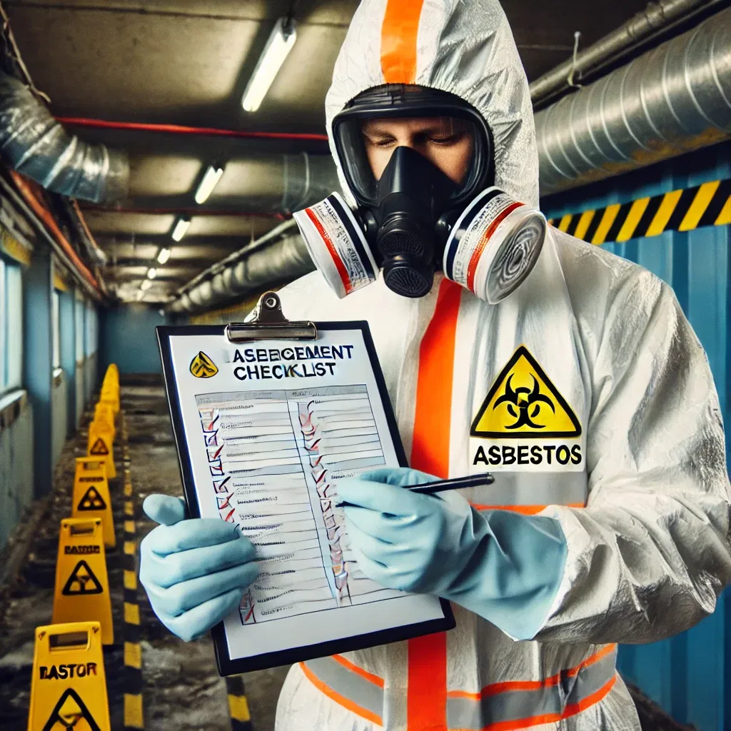 Dall·e 2024 09 17 09.33.39   a professional worker dressed in full protective gear, including a hazmat suit, respirator mask, and gloves, carefully removing asbestos from a buildi