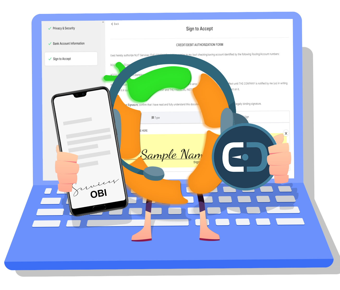 OBI Services mascot holding a phone and SuiteDash logo in front of a laptop screen showing an e-signing form.