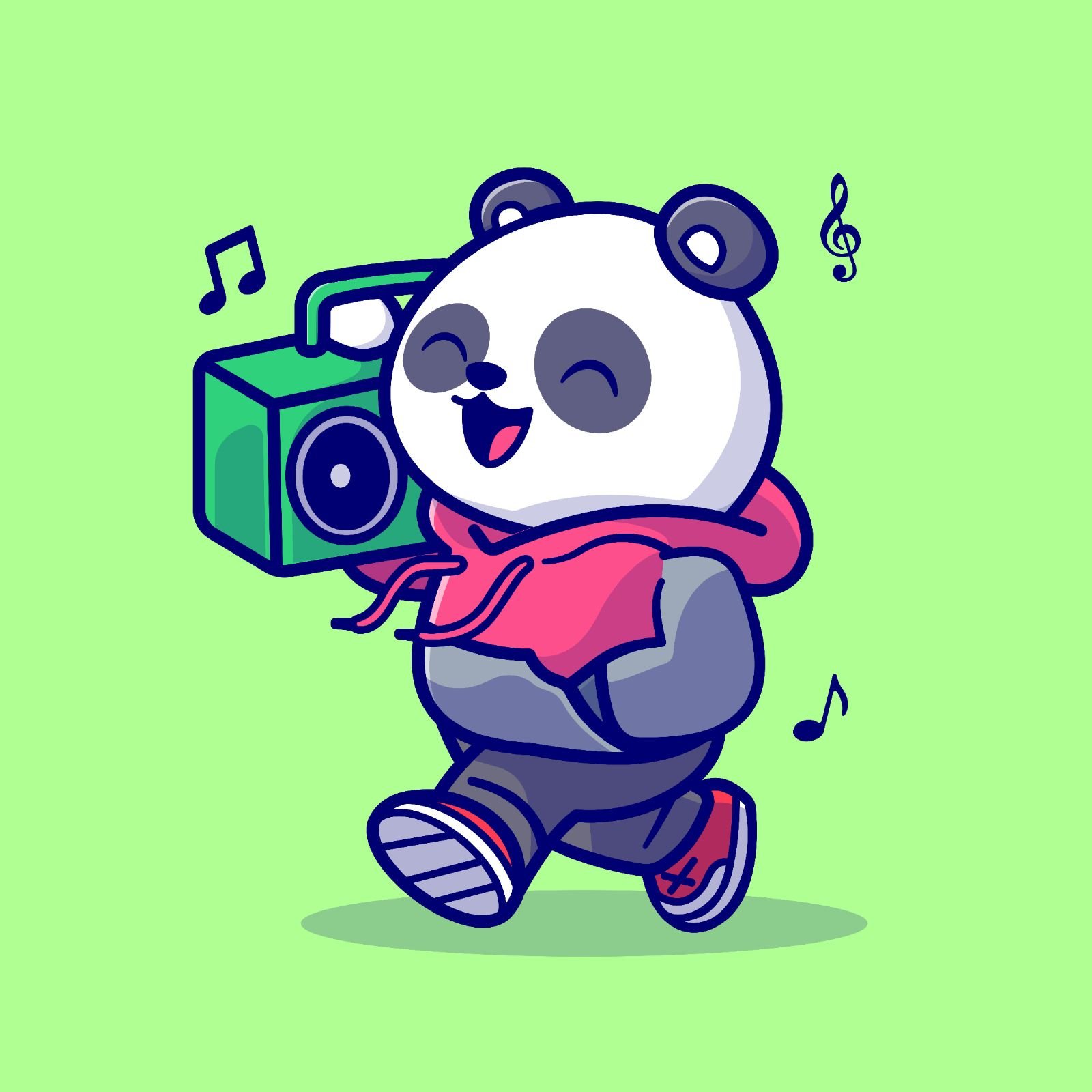 Cartoon profile photo of a panda walking and listening to music.