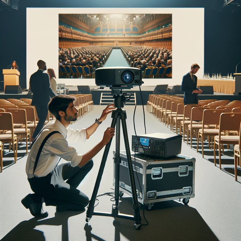 Dall·e 2023 11 18 15.07.25   an image of an audio visual technician setting up a projector at an event. the technician, diverse in gender and ethnicity, is carefully adjusting a p