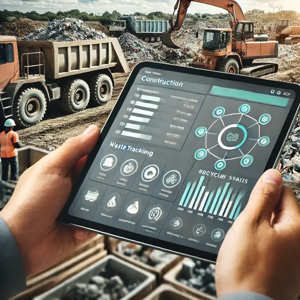 Dall·e 2024 09 17 09.27.05   a close up of a tablet displaying a web interface of a construction waste management platform. the interface shows key elements like charts for waste 