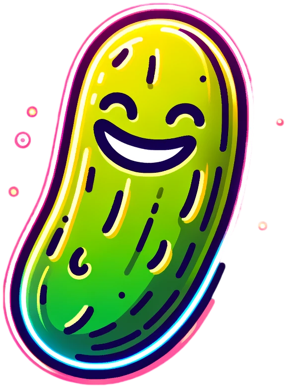 Dall·e 2024 02 16 14.52.54   imagine a vibrant, neon colored pickle character, drawn in a hand drawn style that embodies a cheerful and friendly persona. this pickle has a big, wa photoroom.png photoroom