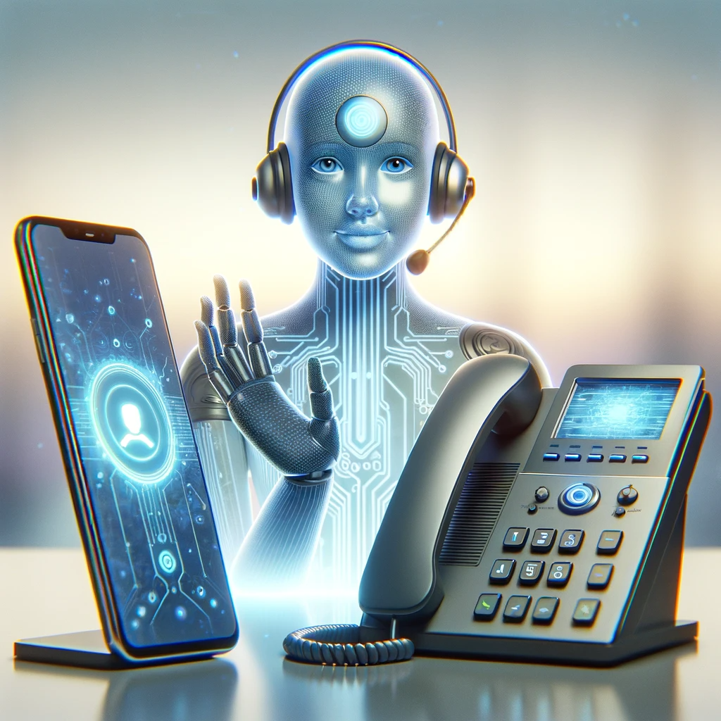 Dall·e 2023 11 09 14.52.21   an illustration of a modern mobile phone and a contemporary desk phone with buttons and a digital display side by side. between them is a translucent,