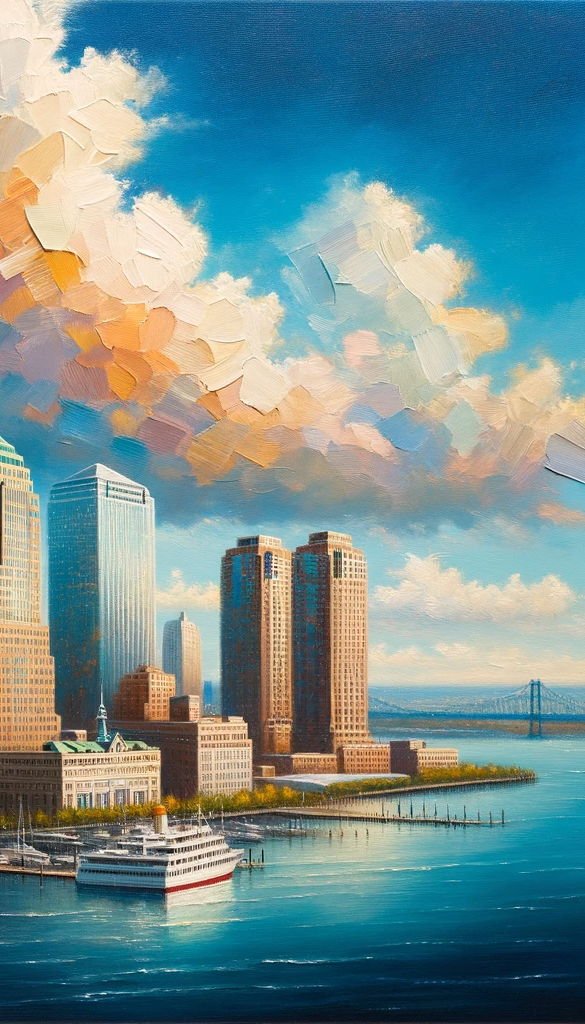 Dall·e 2023 10 11 13.16.59   oil painting showcasing the jersey city skyline on a sunny day, highlighting the architectural details of the skyscrapers and a vibrant blue sky