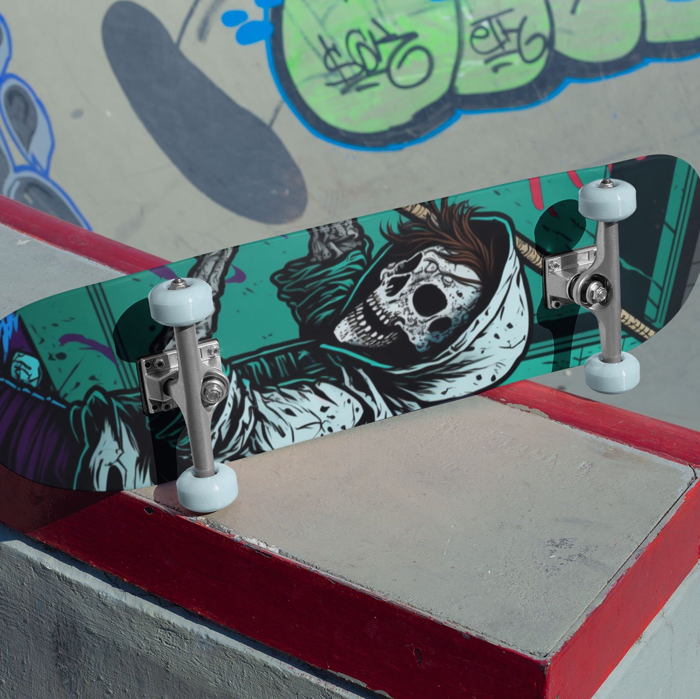 Mockup of a skateboard lying on the floor at a skatepark 27193