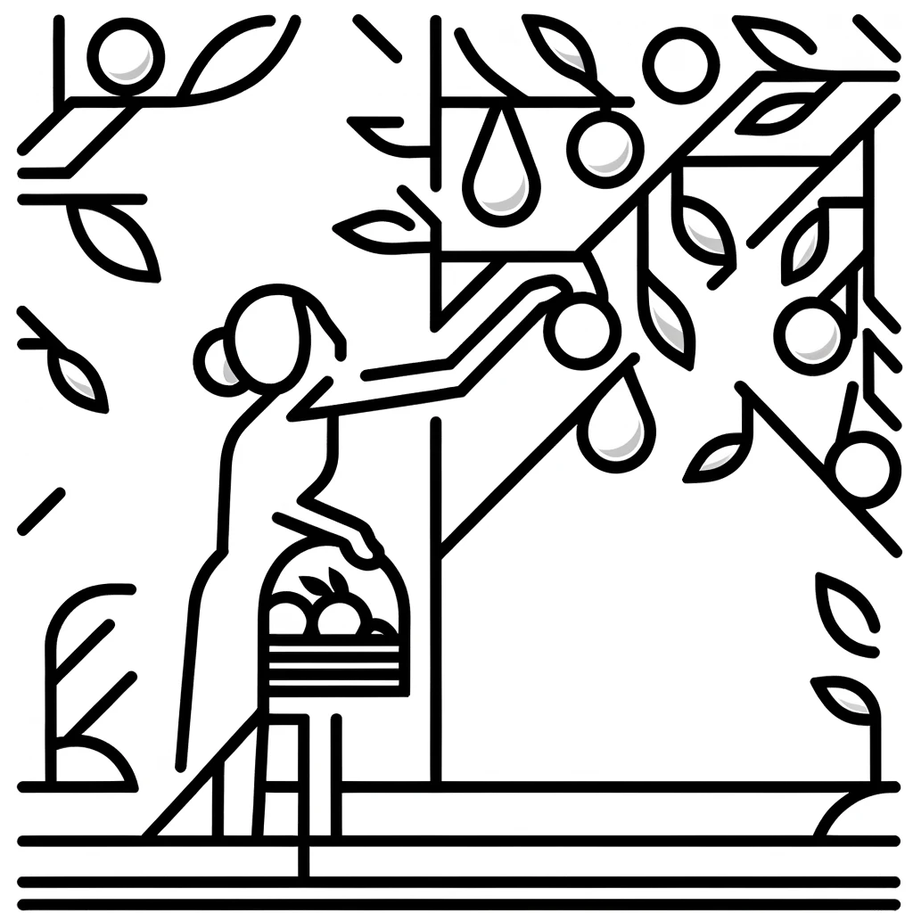 Dall·e 2023 12 26 00.41.17   a minimalist style drawing of a person picking fruits from a tree, using clean lines and geometric shapes in only white and #f6f6f6 colors for a simpl