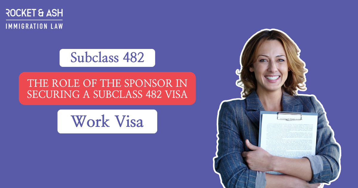 A confident professional woman holding documents, with text overlays detailing a Subclass 482 Visa information session hosted by Rocket & Ash Immigration Law