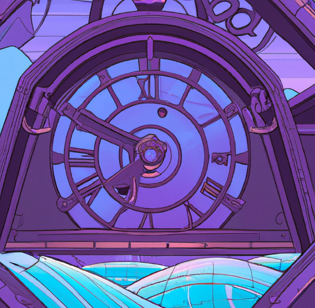 Dall·e 2022 06 09 14.05.50   a stylised timemachine with waves in the background, colour scheme purple indigo blue, digital art