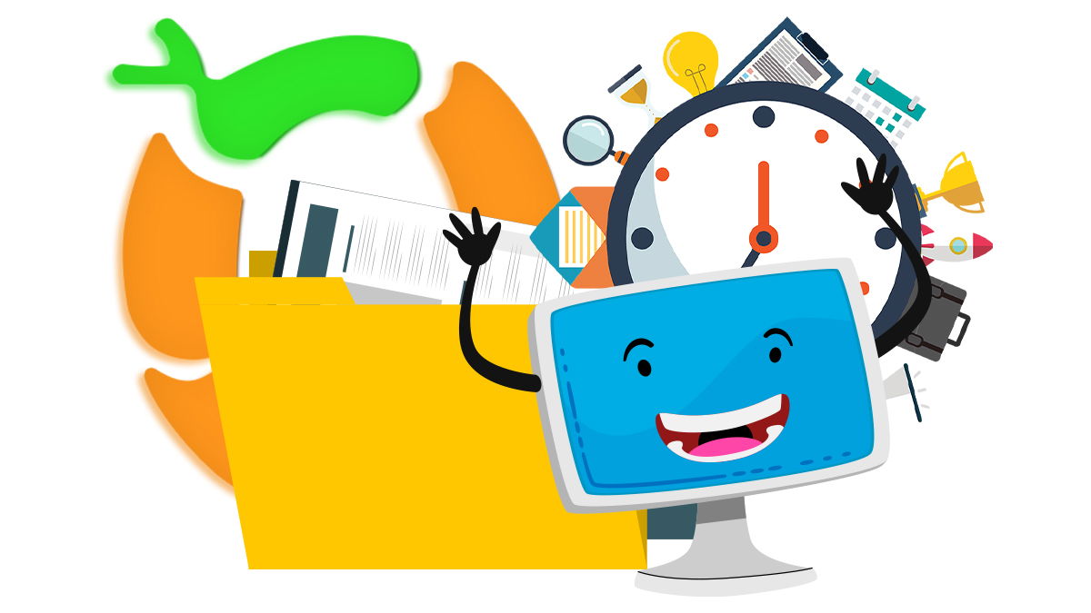 OBI Services logo with smiling computer with a clock, yellow folder, and various icons.