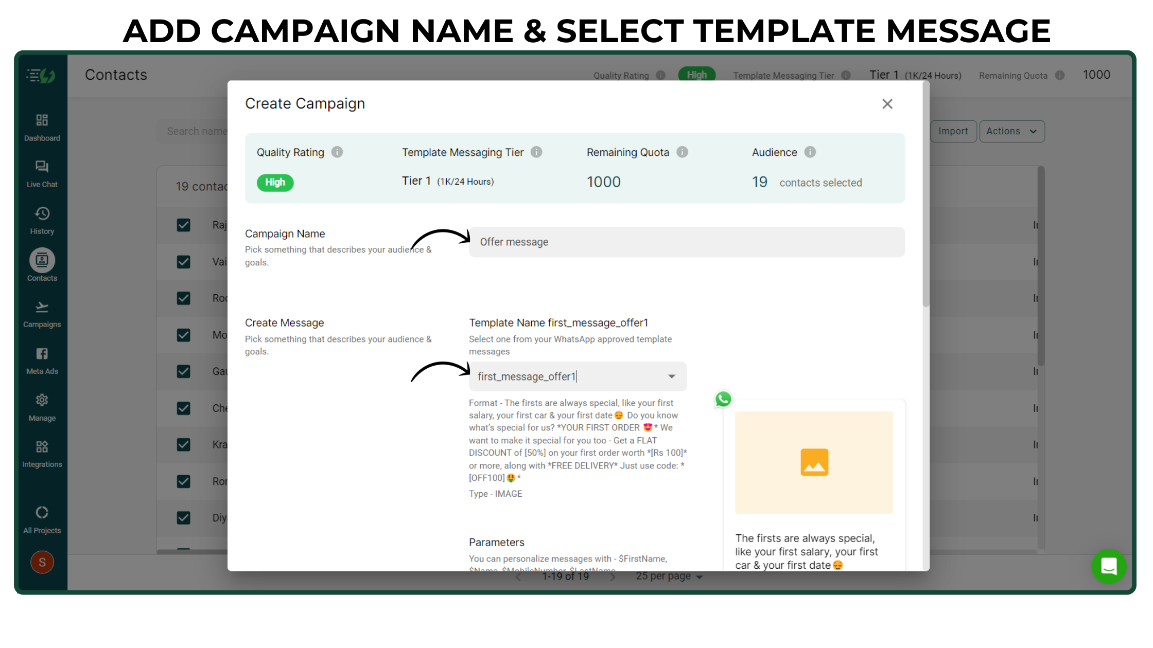 Add the Campaign name & select your pre-approved Template message