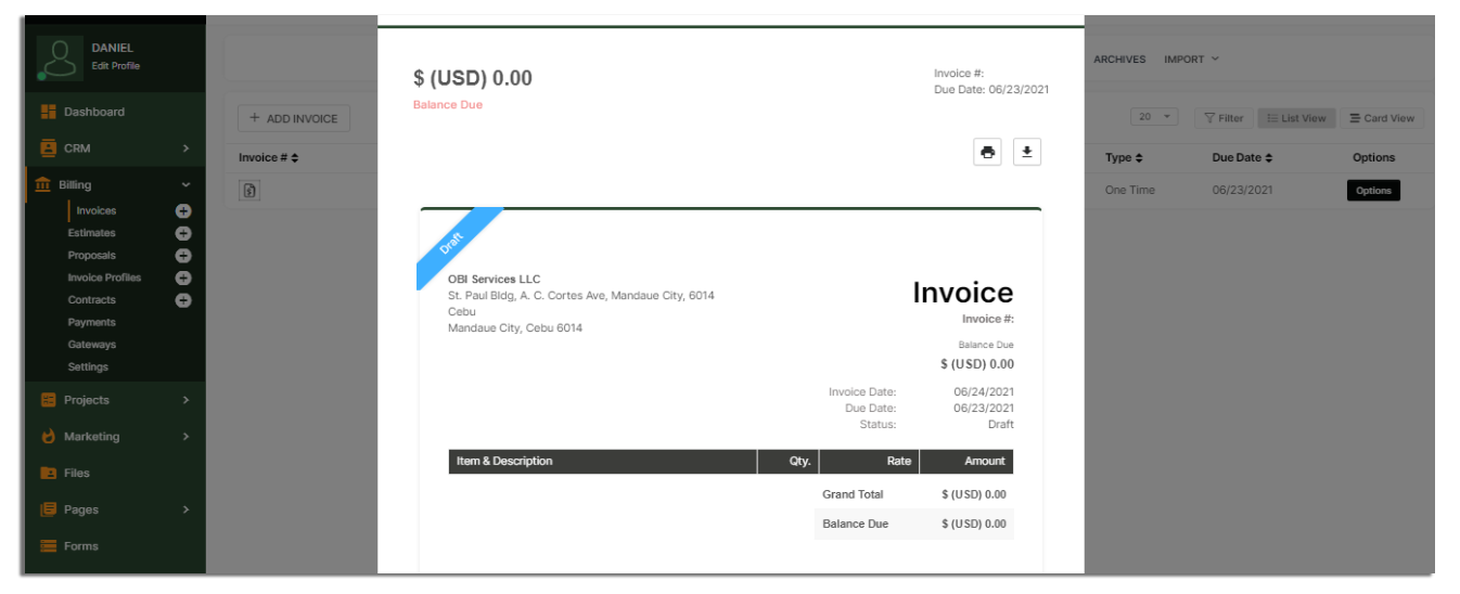 Billing dashboard showing a draft invoice with a balance due for OBI Services LLC.