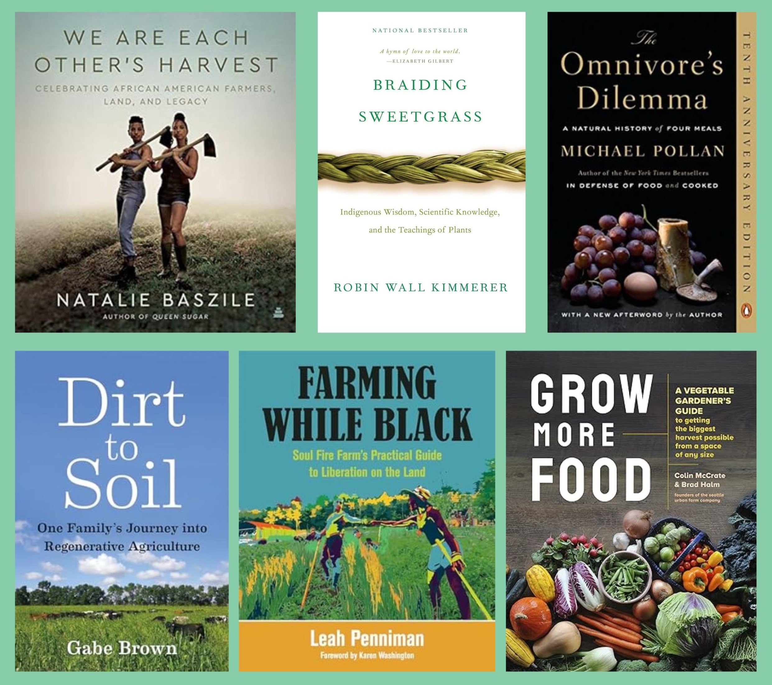 a collage of books about food systems and food justice