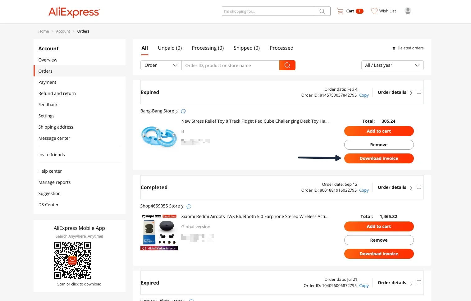 AliExpress orders page