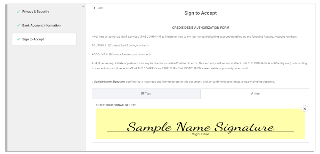 Authorization form with a sample signature area for electronic signing.
